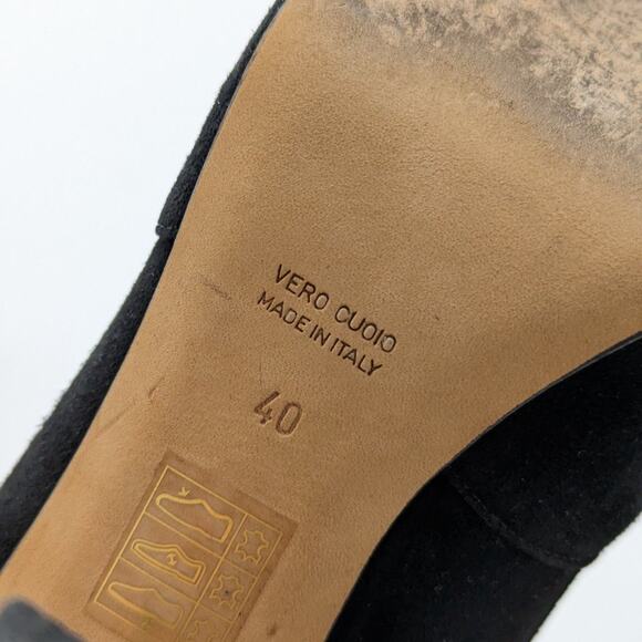 Chrissie Morris Black Suede Peep Toe Heels Pink Geometric Toe Pattern Size 40 - Picture 3 of 10